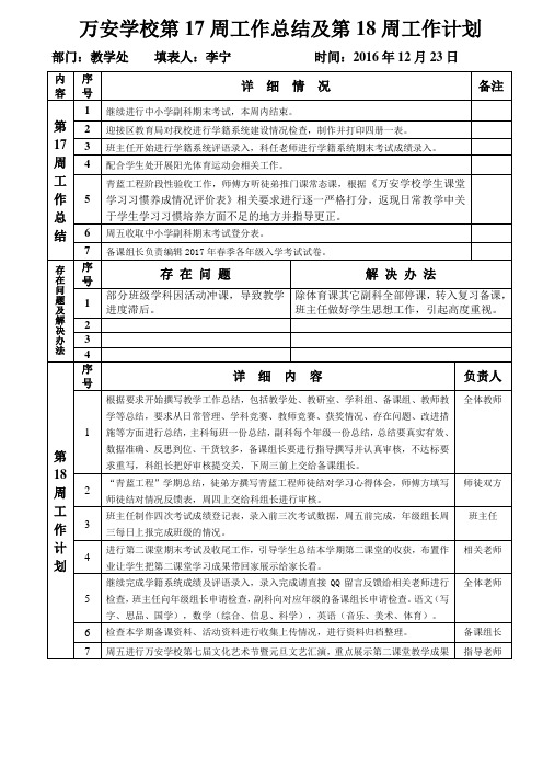 2016年秋季万安学校教学处第17周工作总结及18周工作计划