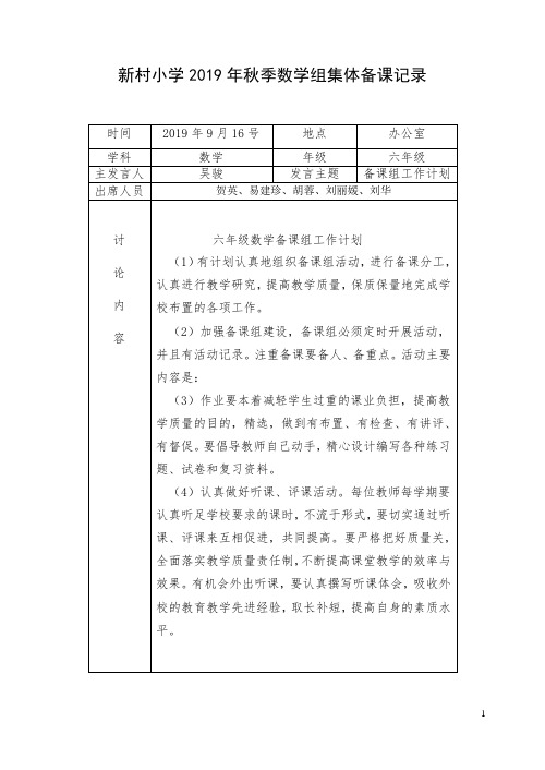 小学数学集体备课记录表1