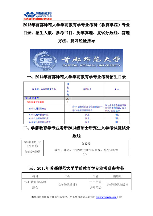 2015首都师范大学学前教育学专业考研(教育学院)专业目录招生人数参考书目历年真题复试分数线答题方法