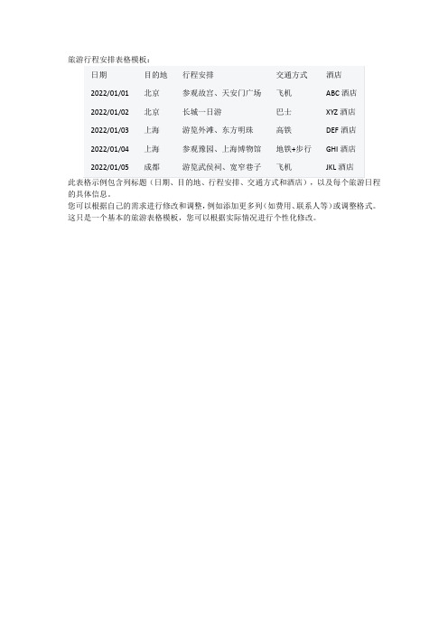 旅游表格模板
