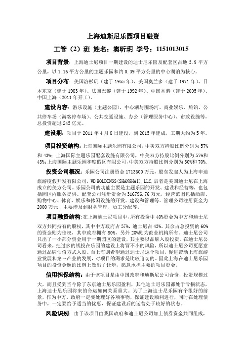 上海迪斯尼乐园项目融资