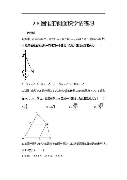 2020年苏科版九年级数学上册随堂练——2.8圆锥的侧面积学情练习