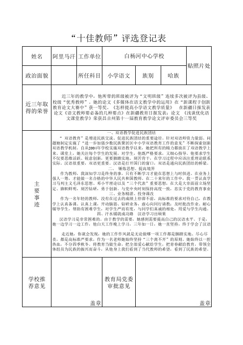 “十佳教师”评选登记表 Microsoft Excel 工作表