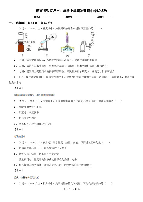 湖南省张家界市九年级上学期物理期中考试试卷