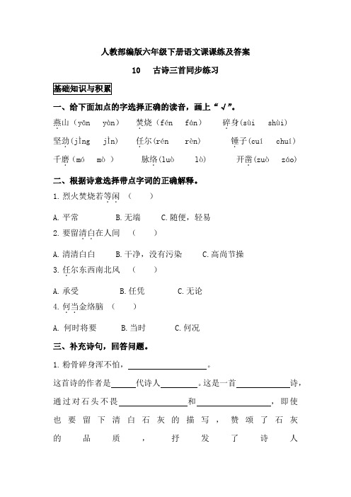 人教部编版六年级下册语文课课练10古诗三首同步练习及答案