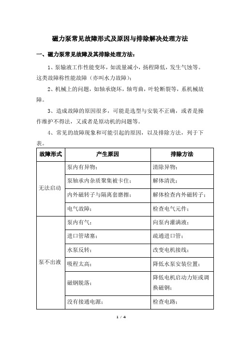 磁力泵常见故障形式及原因与排除解决处理方法
