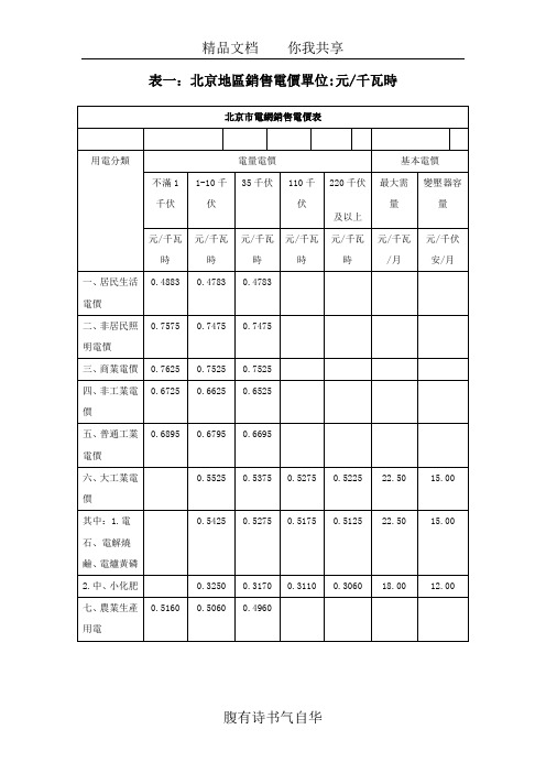 表一 北京地区销售电价