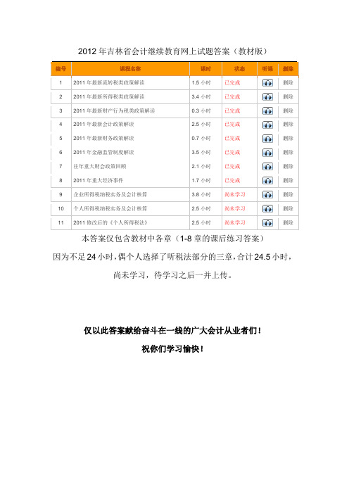 2012年吉林省会计继续教育网上试题答案(教材版)
