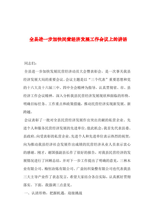 2019年整理--全县进一步加快民营经济发展工作会议上的讲话