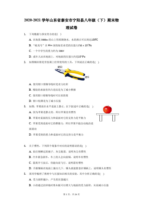 2020-2021学年山东省泰安市宁阳县八年级(下)期末物理试卷(附答案详解)