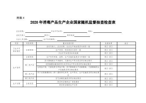 2020年消毒产品生产企业国家随机监督抽查检查表