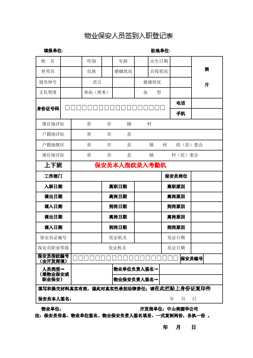 物业保安人员签到入职登记表