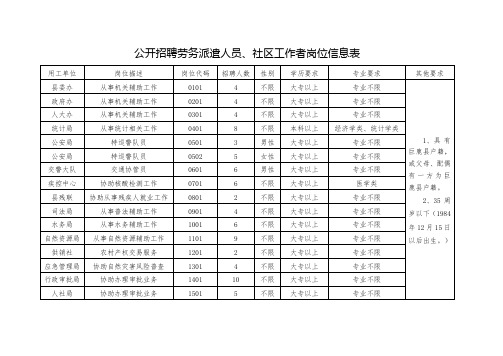 公开招聘劳务派遣人员、社区工作者岗位信息表【模板】