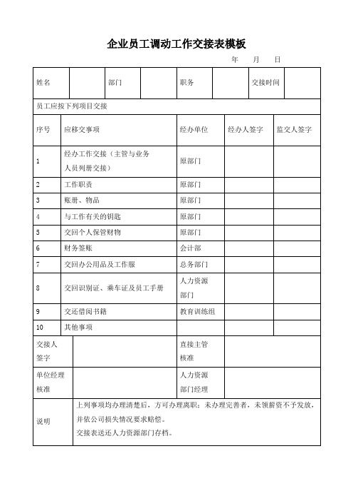 企业员工调动工作交接表模板