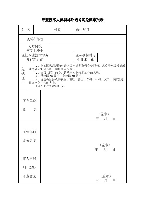 专业技术人员职称外语考试免试审批表