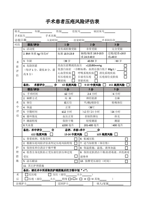 手术患者压疮风险评估表(最新)