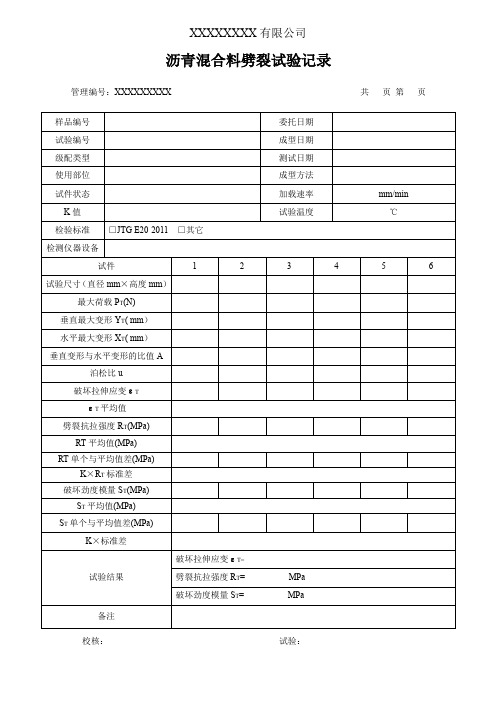 沥青混合料劈裂试验记录(模板)