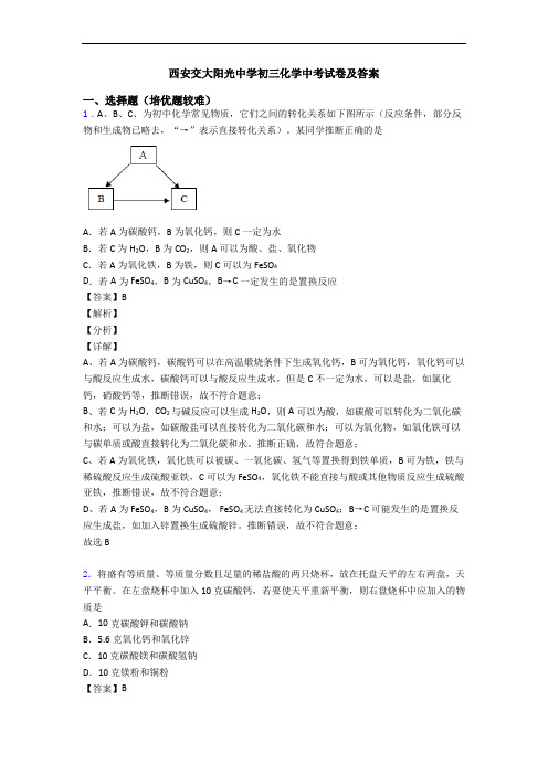 西安交大阳光中学初三化学中考试卷及答案