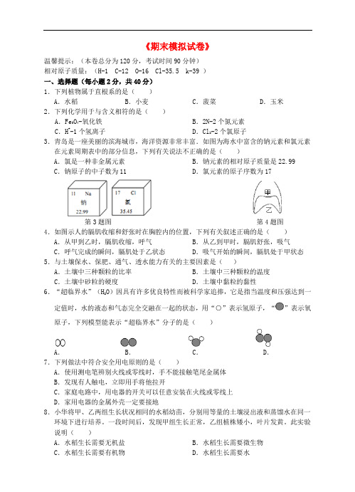 八年级科学下册 期末模拟试卷 (新版)浙教版