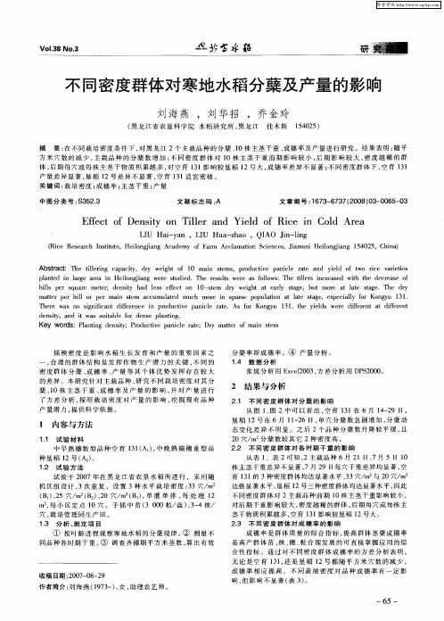 不同密度群体对寒地水稻分蘖及产量的影响