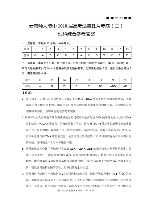云南师大附中2018届高考适应性月考卷(二)理综-答案