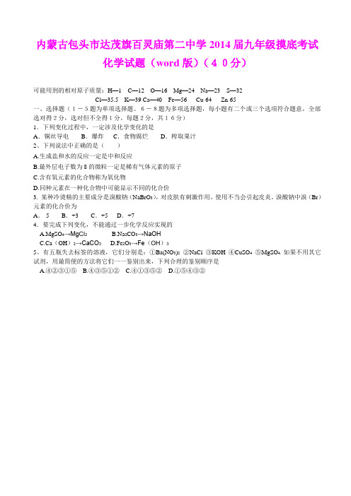 内蒙古包头市达茂旗百灵庙第二中学2014届九年级摸底考试化学试题(word版)