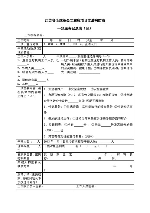 市全球基金艾滋病项目外展干预活动记录表