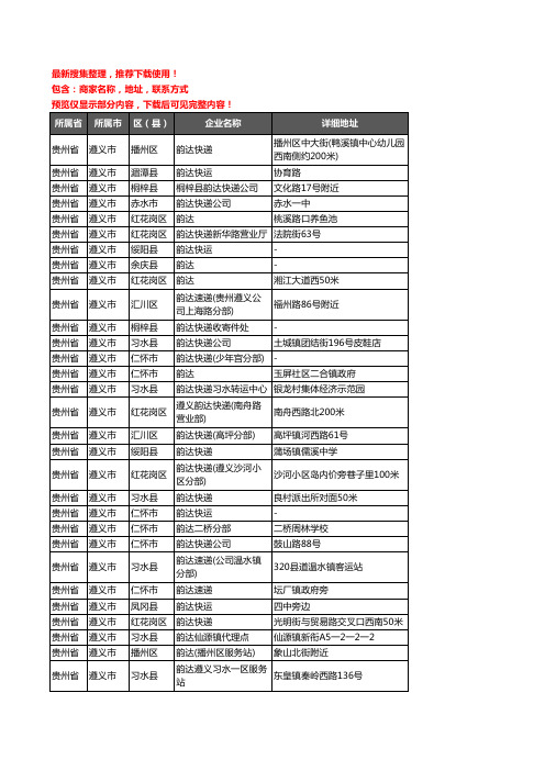 新版贵州省遵义市韵达快递企业公司商家户名录单联系方式地址大全89家