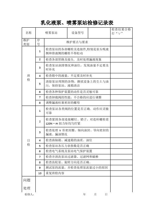 乳化液泵、喷雾泵站检修记录表