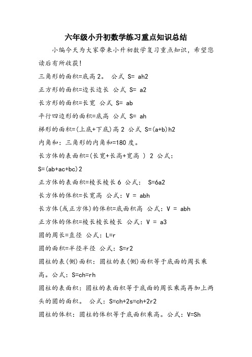 六年级小升初数学练习重点知识总结