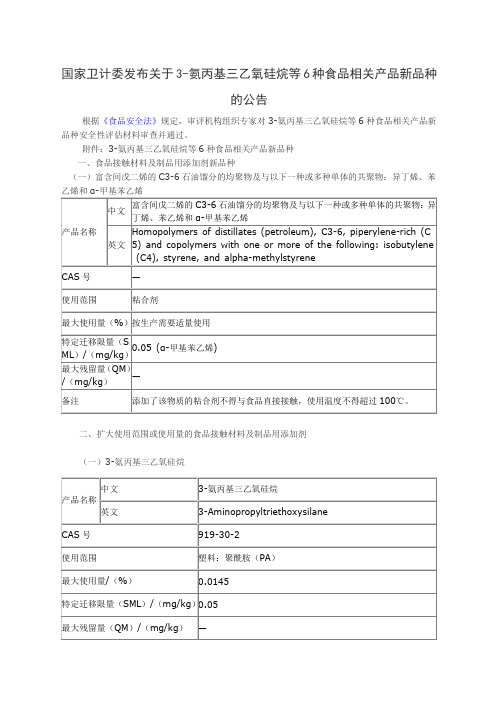 国家卫计委发布关于3-氨丙基三乙氧硅烷等6种食品相关产品