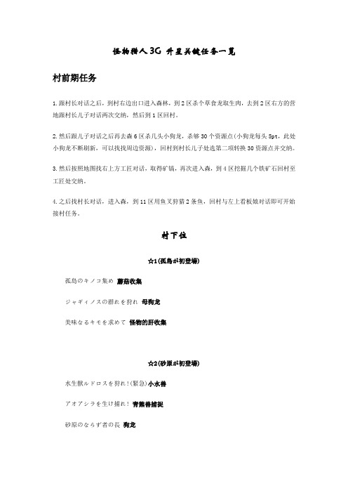 怪物猎人3G 升星关键任务一览