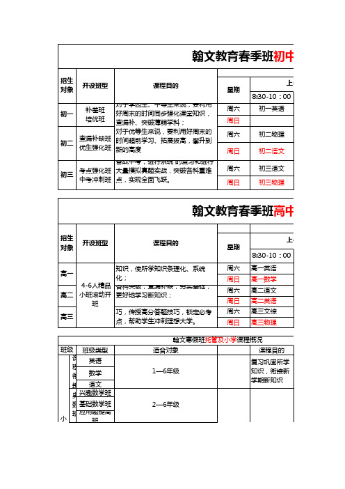 成都翰文教育培训学校蓝谷地校区春季班课表模板