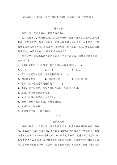 六年级(小升初)语文《阅读理解》专项练习题(含答案)