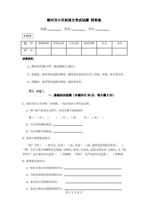 郴州市小升初语文考试试题 附答案