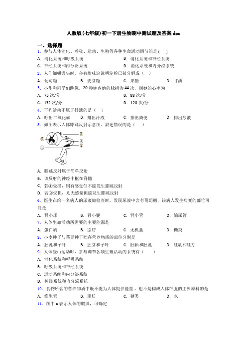 人教版(七年级)初一下册生物期中测试题及答案doc