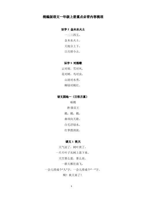 2020人教部编版小学语文1-6年级上册必备课文汇总