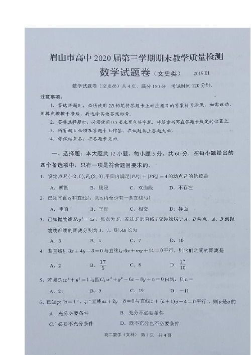四川省眉山市2018-2019学年高二上学期期末考试数学(文)试题 扫描版含答案