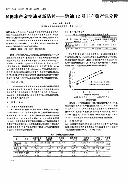 双低丰产杂交油菜新品种—黔油12号丰产稳产性分析