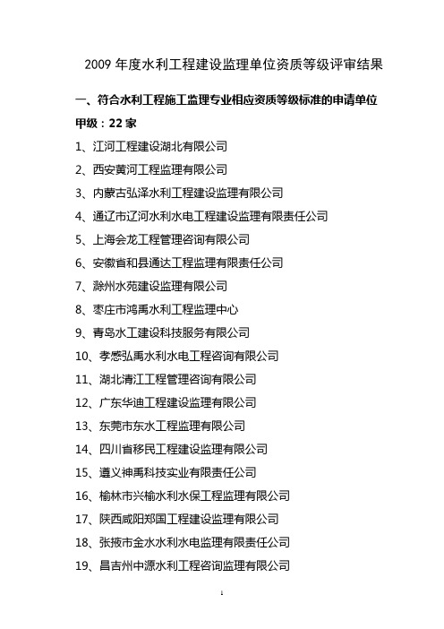 2009年度水利工程建设监理单位资质等级评审结果