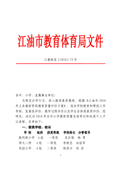 江油市教育体育局关于表彰2010年小学教育质量