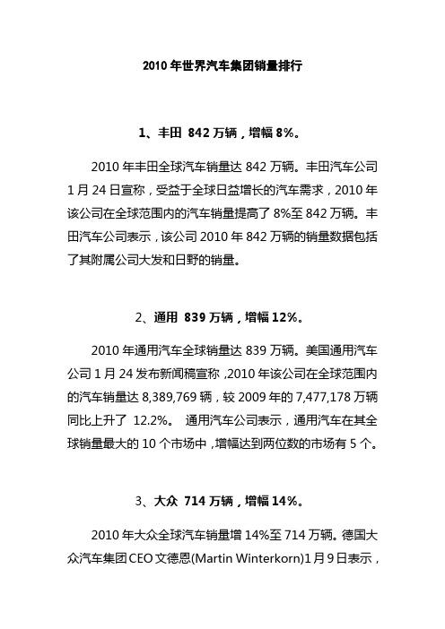 2010年世界汽车集团销量排行