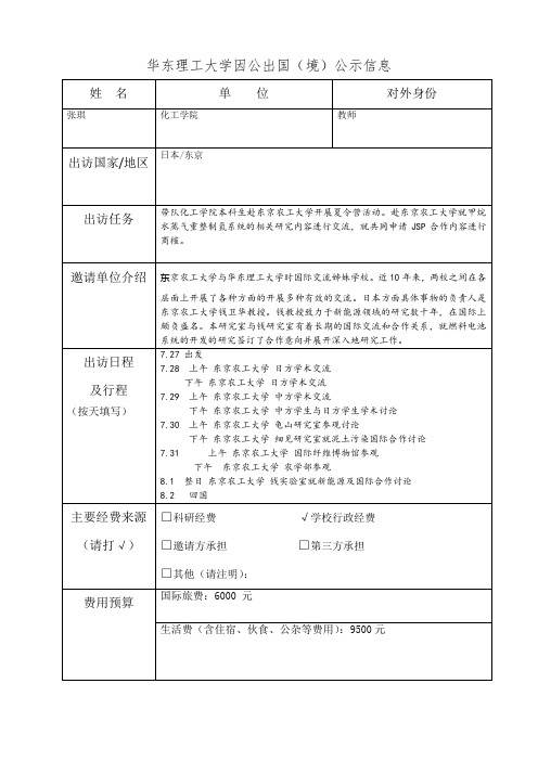 华东理工大学因公出国(境)公示信息