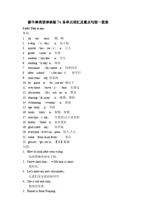 新牛津英语译林版7A各单元词汇及重点句型一览表