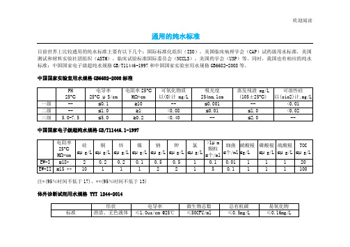 通用的纯水标准