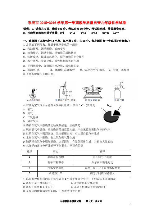 广东省东莞市九年级化学上学期教学质量自查模拟试题 新人教版