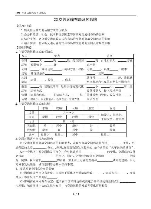 1023 高三地理一轮学案-交通运输布局及其影响 √