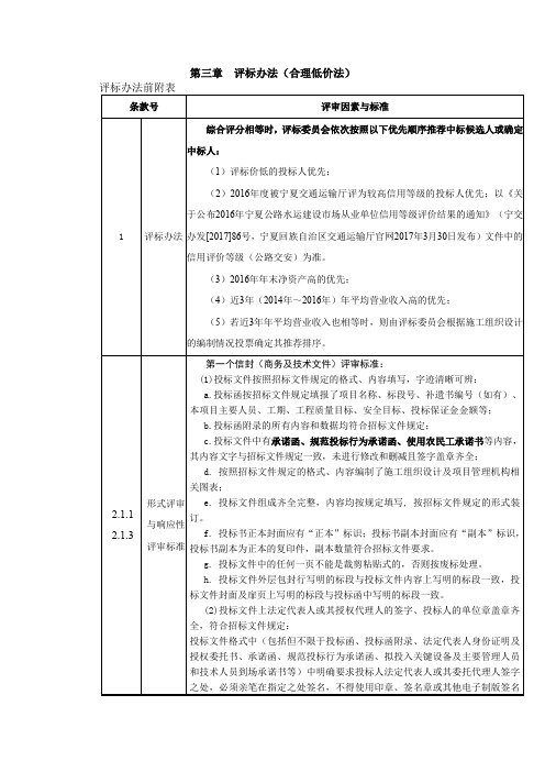评标办法合理低价法评标办法前附表