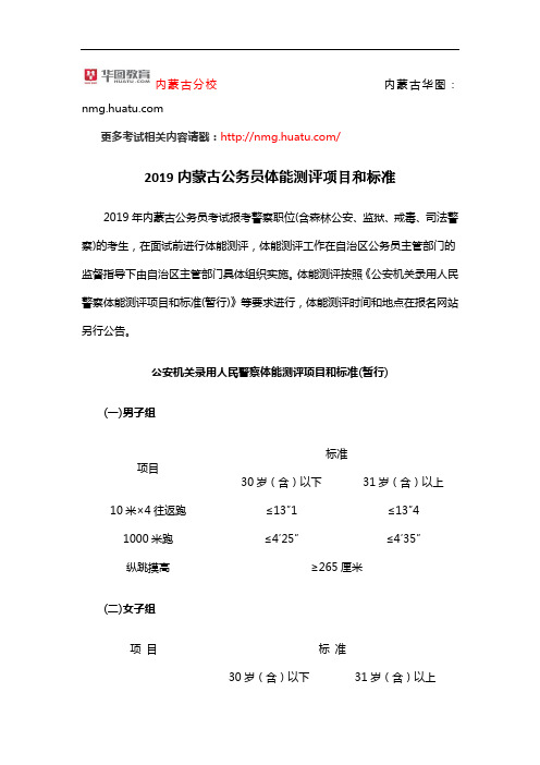2019内蒙古公务员体能测评项目和标准