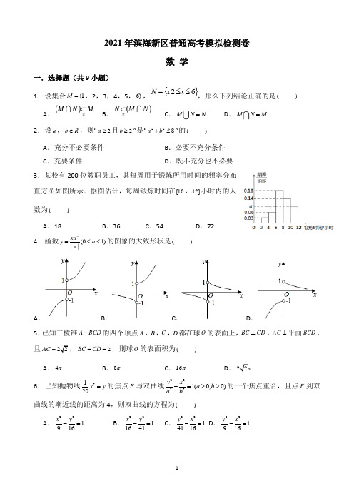 2021届天津市滨海新区普通高考高三模拟检测数学试题(含答案)
